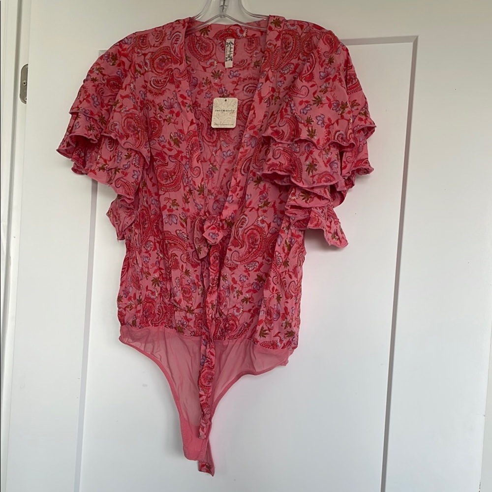 Free People Floral Pink Ruffled Bodysuit